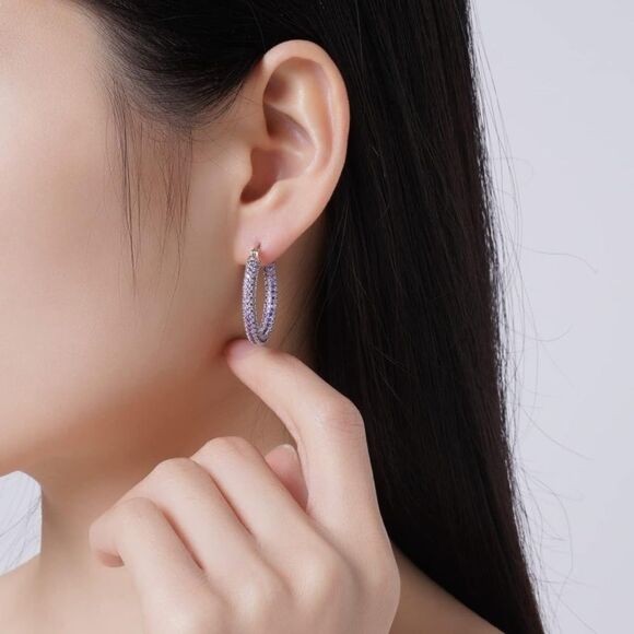 14K White Gold Sterling Silver with Purple Amethyst Cubic Zirconia Hoop Earrings - Picture 3 of 6